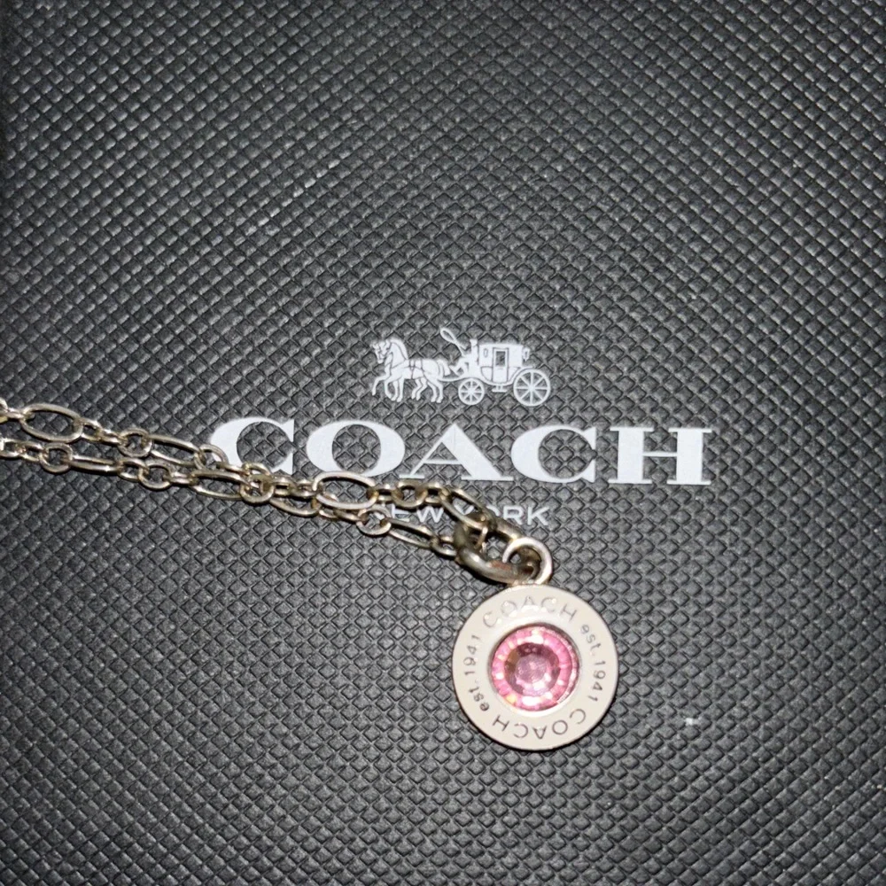 Coach Silver Necklace- White “COACH” Charm with Pink Rhinestone Center - Picture 2 of 8